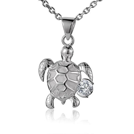 Silver Turtle CZ pendant featuring sparkling cubic zirconia stones, designed by Ashley's Gift Shop.