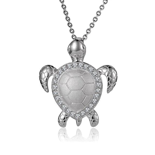Hawaiian 925 Sterling Silver turtle Sand CZ pendant with sparkling cubic zirconia accents.