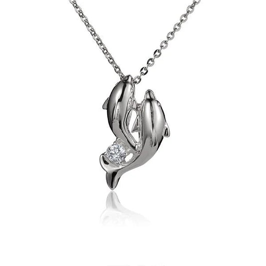 Twin Dolphin CZ pendant featuring two dolphins with sparkling cubic zirconia, designed by Ashley's Gift Shop.