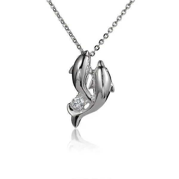 Hawaiian 925 Sterling Silver twin dolphin CZ pendant featuring two dolphins with sparkling cubic zirconia, stylish jewelry.
