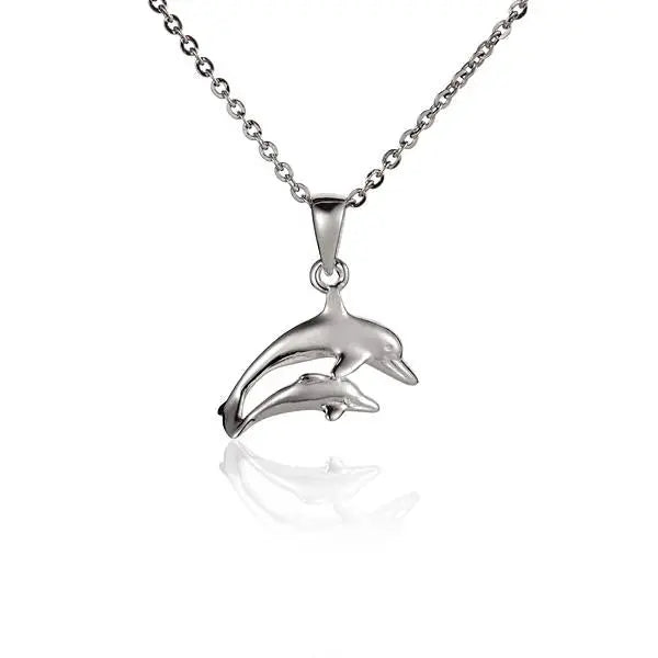 Hawaiian 925 Sterling Silver twin dolphin pendant featuring two dolphins swimming.