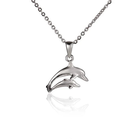 Silver twin dolphin pendant with detailed design, featuring two dolphins swimming together, ideal for necklace jewelry.