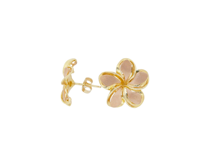 Hawaiian 14K Gold two-tone gold Plumeria earring with floral design, featuring mixed gold tones and intricate detailing.