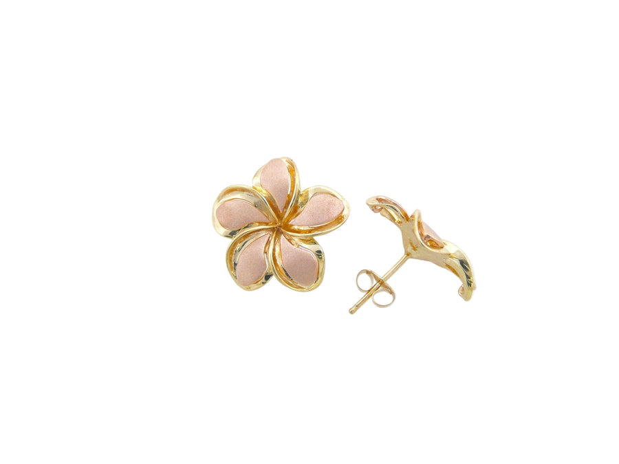 Hawaiian 14K Gold two-tone plumeria earring featuring a floral design.