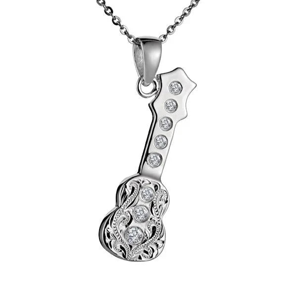Hawaiian 925 Sterling Silver ukulele CZ scroll pendant featuring intricate musical design.