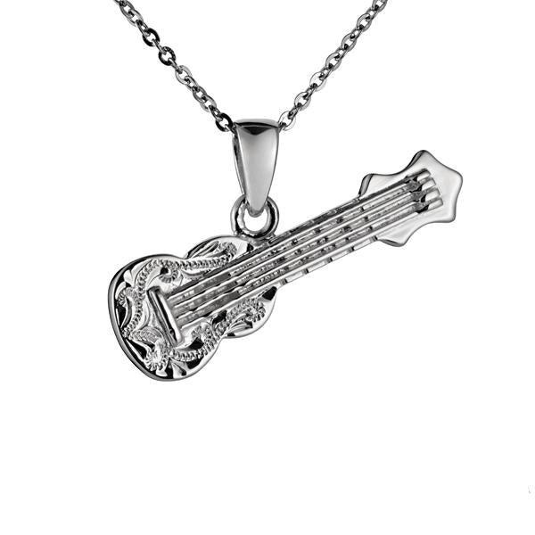 Hawaiian 925 Sterling Silver ukulele scroll pendant with intricate musical design.