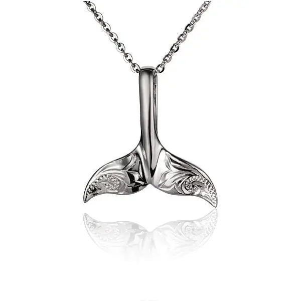 Hawaiian 925 Sterling Silver whaletail engraved pendant in size L, featuring detailed ocean-inspired design.