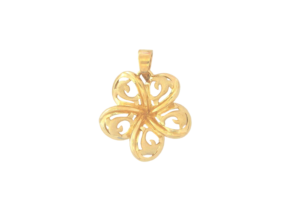 Hawaiian 14K Gold plumeria pendant with cut-out dolphin design, featuring a detailed floral and marine motif.