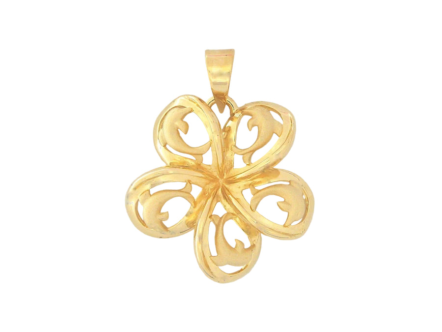 Hawaiian 14K Gold plumeria pendant with cut-out dolphin design, jewelry piece.