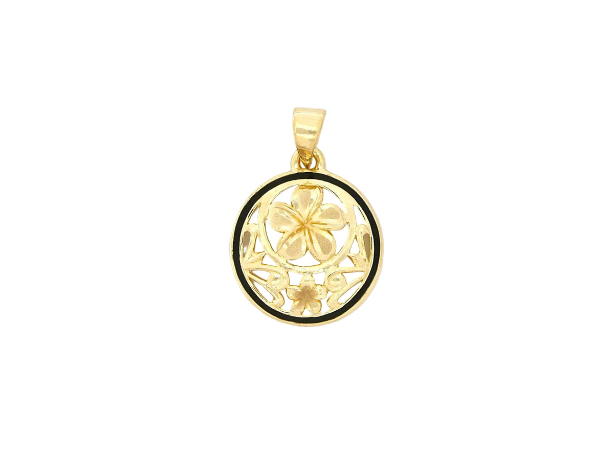 Hawaiian 14K Gold round Plumeria pendant, featuring delicate floral design and polished finish.