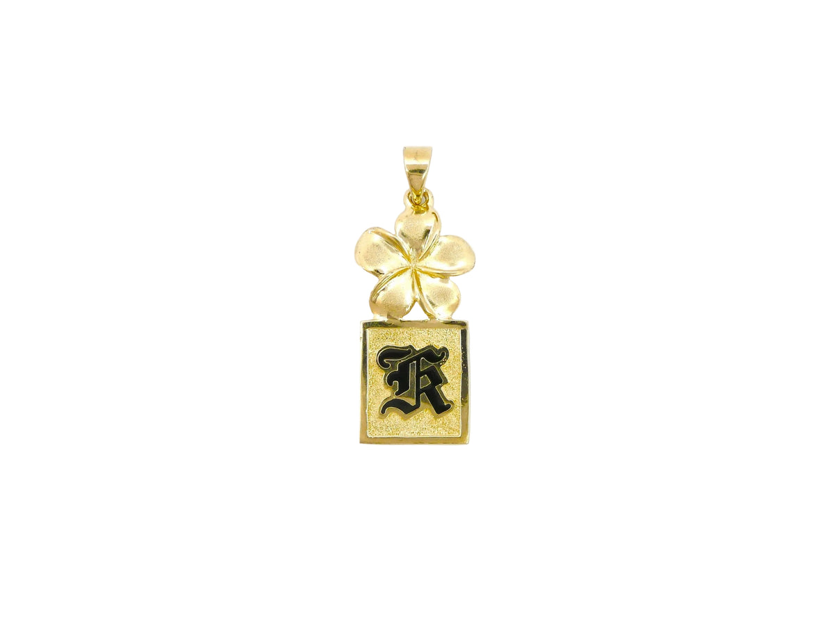 Hawaiian 14K Gold plumeria R/E initial square pendant featuring a floral design, handcrafted jewelry.
