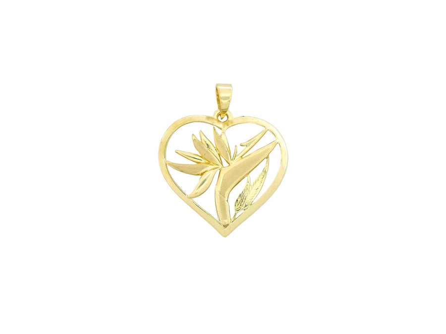 Hawaiian 14K Gold heart Bird of Paradise pendant featuring a detailed bird and floral design.