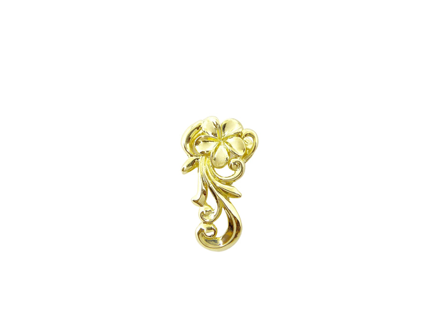 Hawaiian 14K Gold plumeria scroll pendant featuring intricate floral design, elegant jewelry piece with hanging charm.