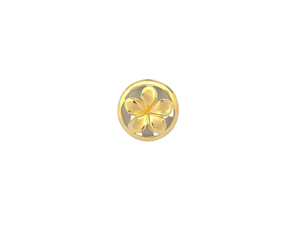 Hawaiian 14K Gold circle Plumeria pendant with #4 size, featuring a delicate floral design on a chain.