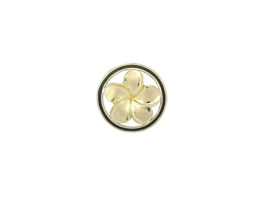 Hawaiian 14K Gold circle plumeria pendant with #5 size, featuring a delicate floral design.