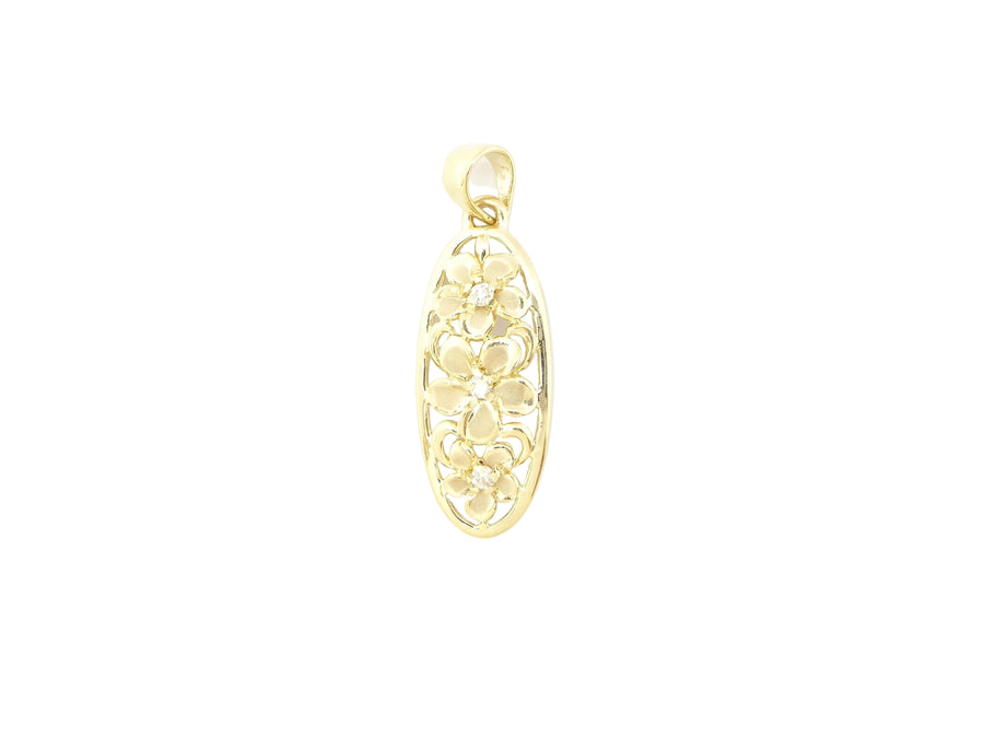 Hawaiian 14K Gold 3 Plumeria tapered pendant with frame.