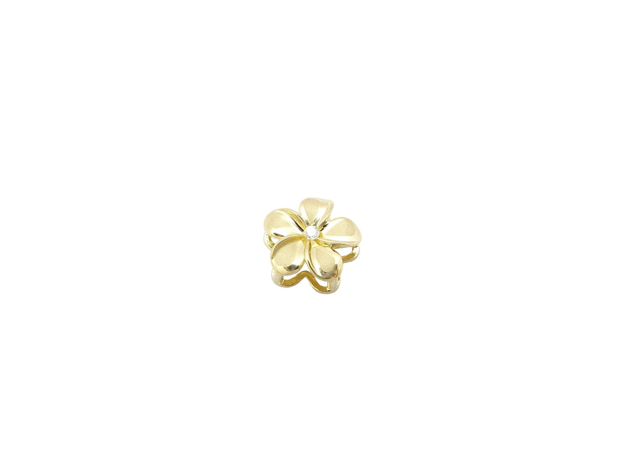 Hawaiian 14K Gold plumeria drop pendant with 2-point diamond, featuring floral design and elegant craftsmanship.