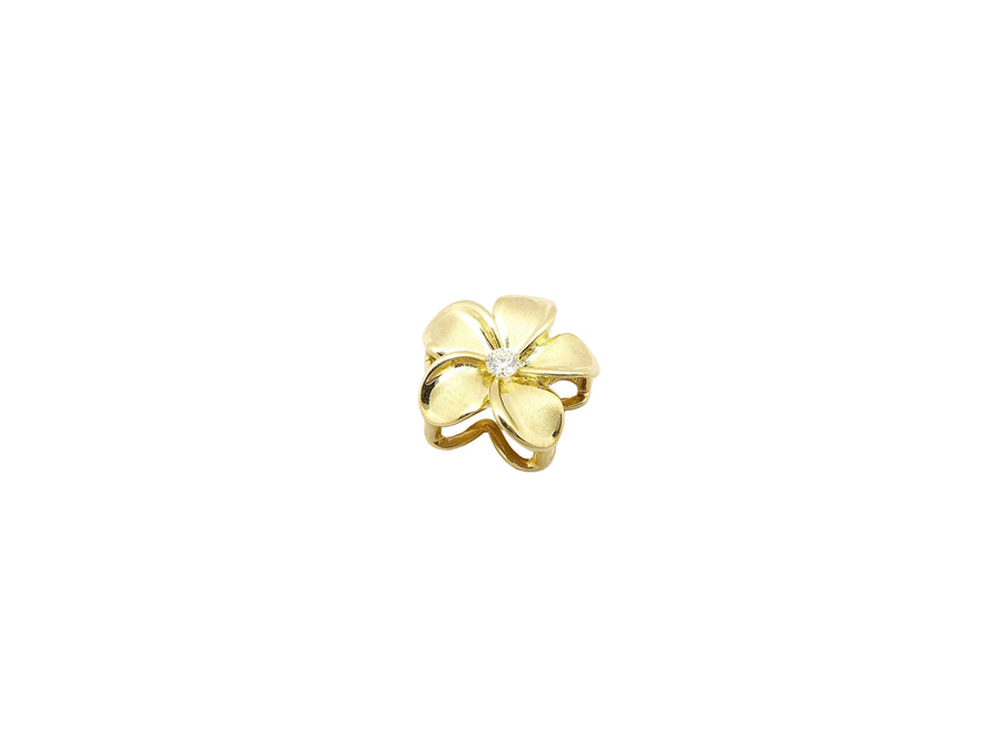 Hawaiian 14K Gold plumeria Drop pendant with a 3-point diamond, featuring a delicate floral design and intricate gold.