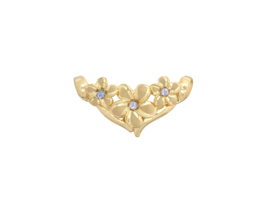 Hawaiian 14K Gold 3-flower slide with tanzanite gemstones, delicate jewelry piece featuring floral design and vibrant blue.
