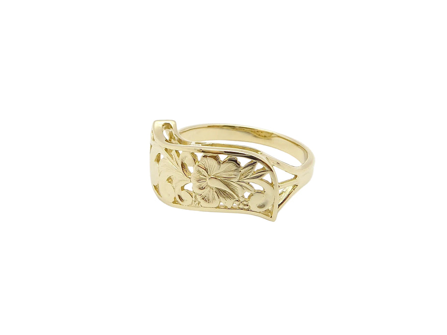 Hawaiian 14K Gold napua C/O ring with 8mm width in size 8, featuring a polished, elegant design for women.