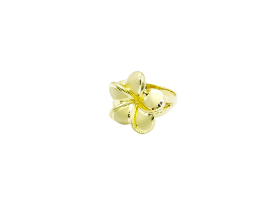Hawaiian 14K Gold plumeria ring in size 6 to 8 with detailed floral design.