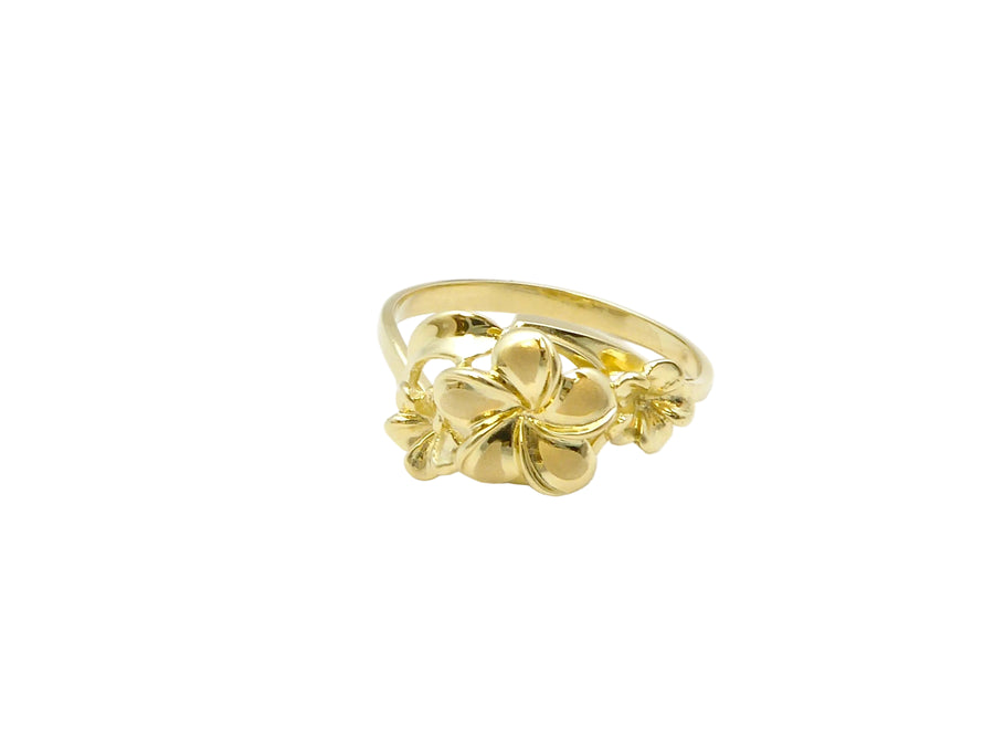 Hawaiian 14K Gold triple flower ring in size 8 featuring detailed flower designs.