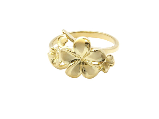 Hawaiian 14K Gold triple flower ring with size 8, featuring detailed flower designs and a polished finish.