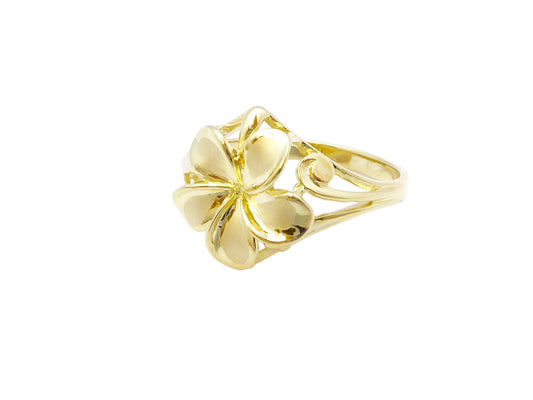 Hawaiian 14K Gold plumeria Basket Ring featuring detailed floral design.
