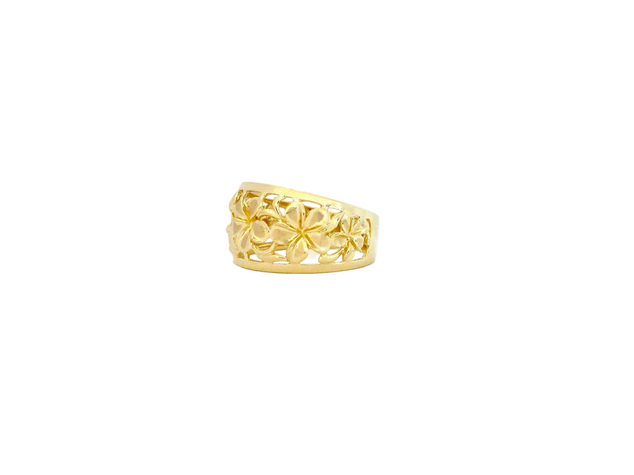 Hawaiian 14K Gold five-flower ring with size 8, featuring detailed flower design and polished finish.