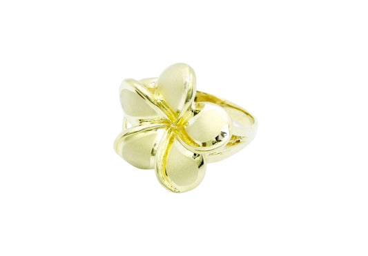 Hawaiian 14K Gold plumeria ring in size 7, adjustable to size 8, with intricate floral design.