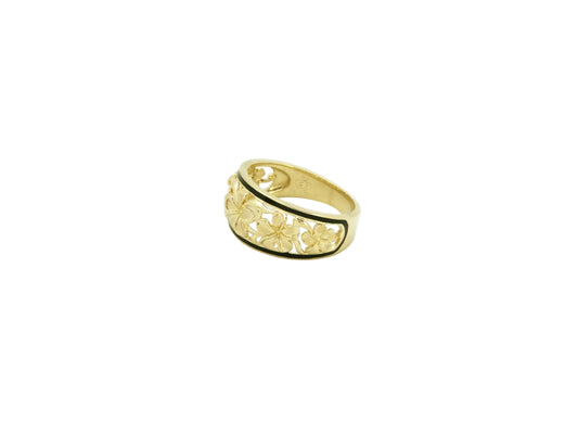 Hawaiian 14K Gold flower ring with five detailed flower designs.