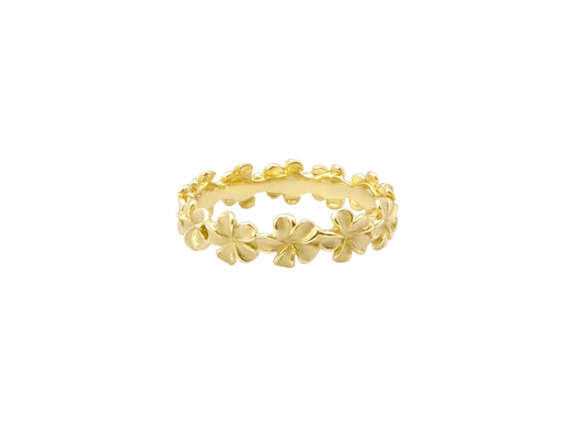 Hawaiian 14K Gold plumeria eternity ring in size 8 with 5mm band, featuring intricate floral design and shiny polished.