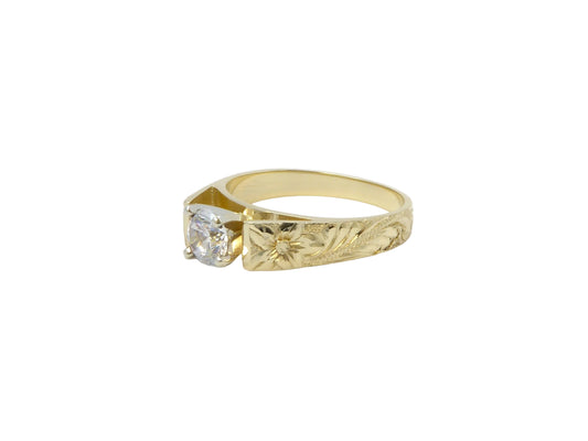 Hawaiian 14K Gold french mini wedding band with 4mm width and.25 carat cubic zirconia gemstone, elegant and sparkling.