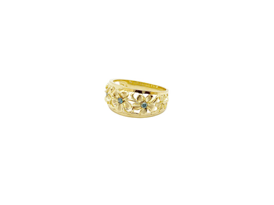 Hawaiian 14K Gold five-flower ring with blue diamonds, size 8, featuring detailed flower design and sparkling blue gemstones.