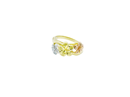 Hawaiian 14K Gold tri-color gold triple flower ring with intricate flower design.
