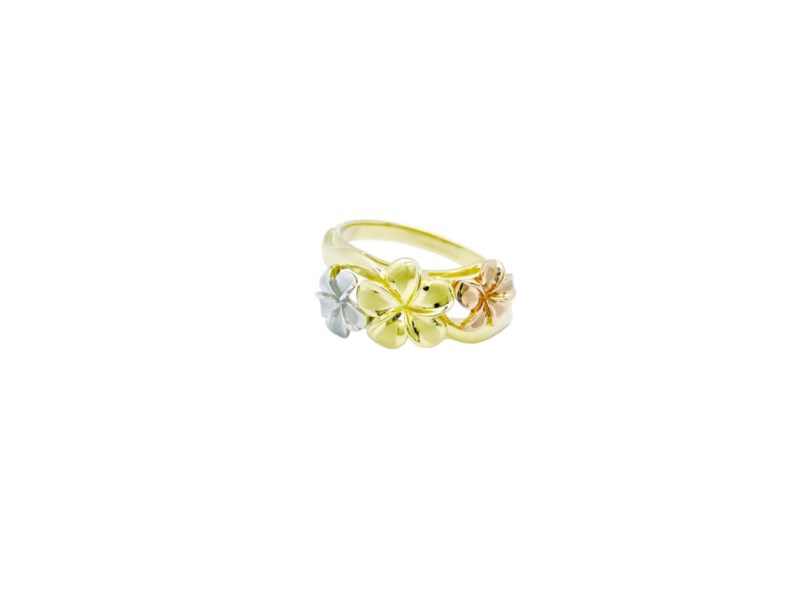 Hawaiian 14K Gold tri-color gold triple flower ring with intricate flower design.