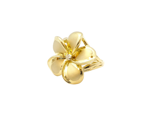 Hawaiian 14K Gold plumeria ring in size 7, adjustable to size 8, featuring detailed floral design.