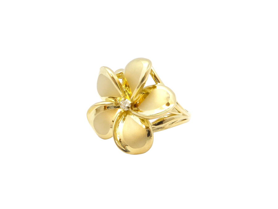 Hawaiian 14K Gold plumeria ring in size 7, adjustable to size 8, featuring detailed floral design.