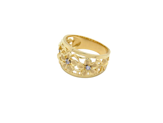 Hawaiian 14K Gold five-flower ring with Tanzanite gemstone in size 8, featuring intricate floral design and polished finish.
