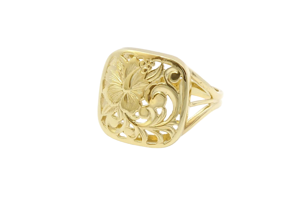 Hawaiian 14K Gold puanani ring, size 8, featuring a delicate floral design and shiny polished finish.