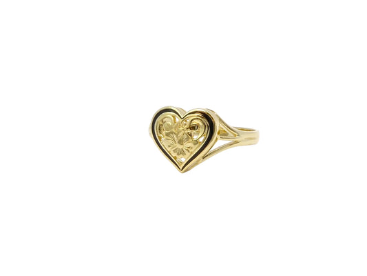 Hawaiian 14K Gold cut-out heart-shaped ring with 1 bezel-set black bead, size 7, featuring a delicate open heart design.