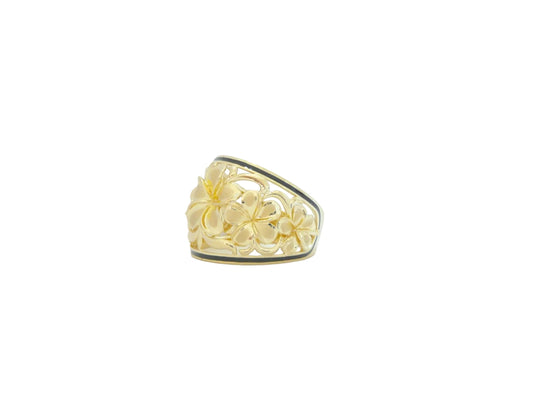 Hawaiian 14K Gold five-flower engagement ring in size 8 with detailed floral design, crafted for elegance and style.
