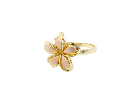 Hawaiian 14K Gold two-tone gold Plumeria ring with floral design.