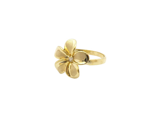 Hawaiian 14K Gold plumeria ring size 4 with diamond accent, featuring floral design.