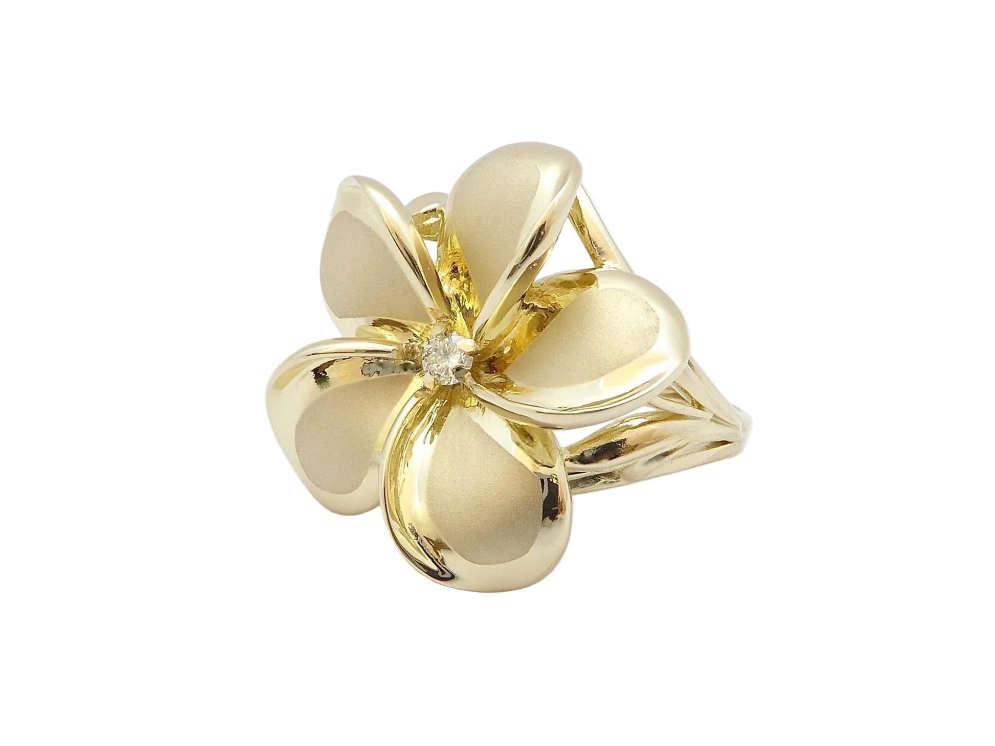 Hawaiian 14K Gold plumeria ring with diamond, size 8, featuring floral design and elegant craftsmanship.