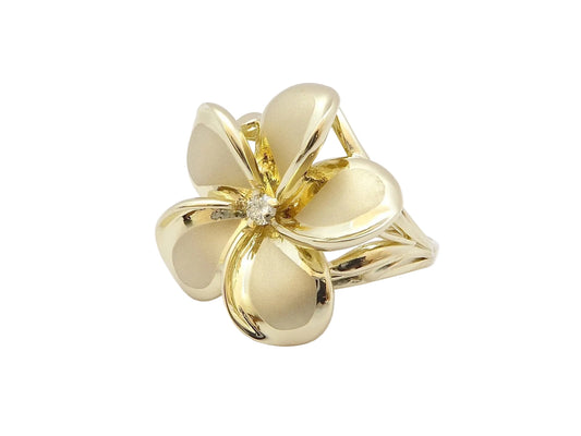 Hawaiian 14K Gold plumeria ring with diamond, size 8, featuring floral design and elegant craftsmanship.