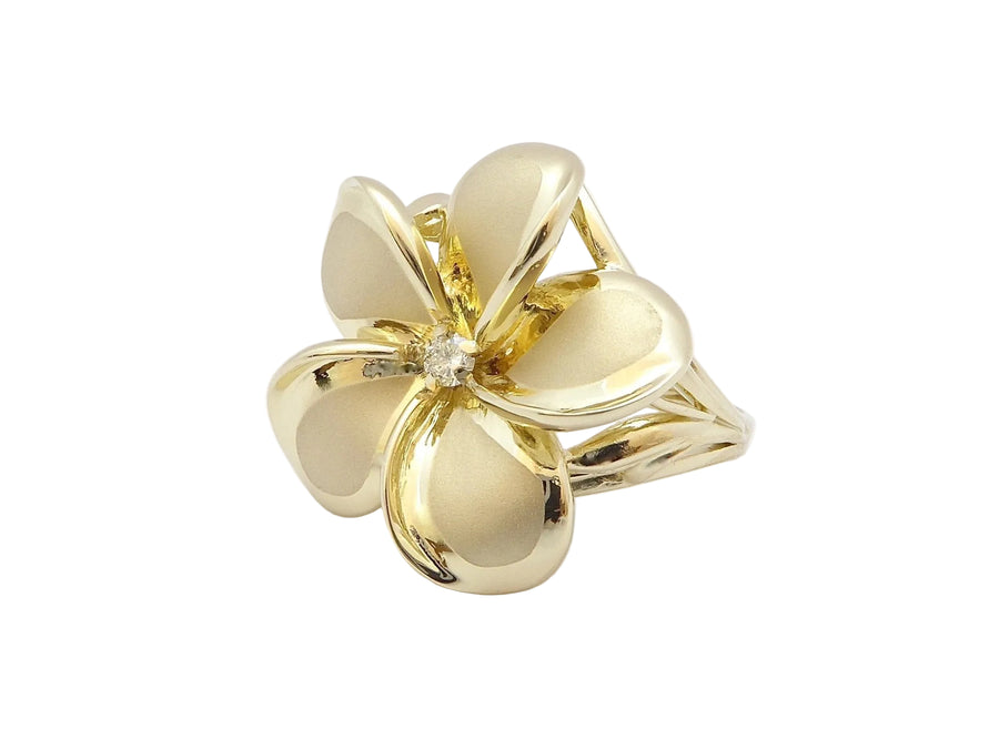 Hawaiian 14K Gold plumeria ring with diamond, size 8, featuring floral design and elegant craftsmanship.